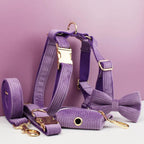 Purple Corduroy Dog Collar Leash and Harness Set