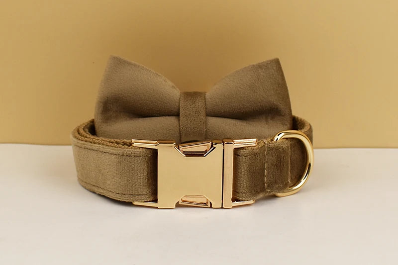 Shallow Khaki Velvet Personalized Dog Collar, Leash & Harness Set
