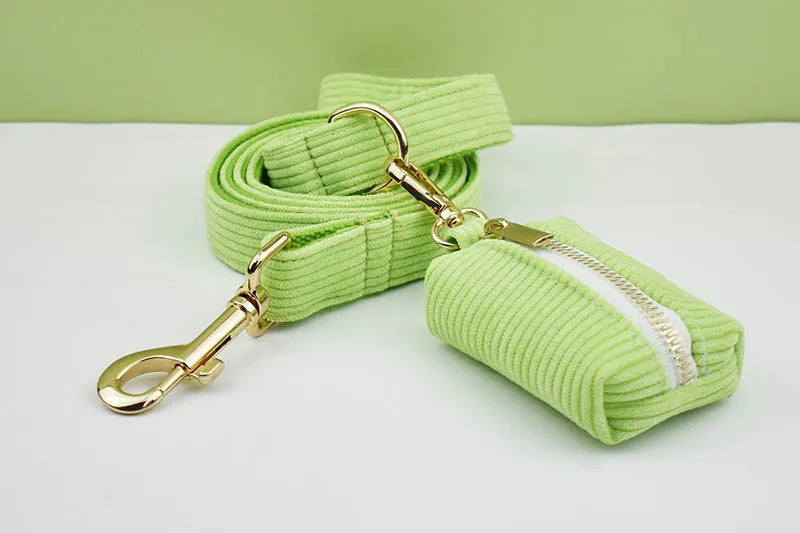 Apple Fruit Green Corduroy Personalized Dog Collar, Leash & Harness Set