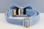 Blue Corduroy Personalized Dog Collar, Leash & Harness Set