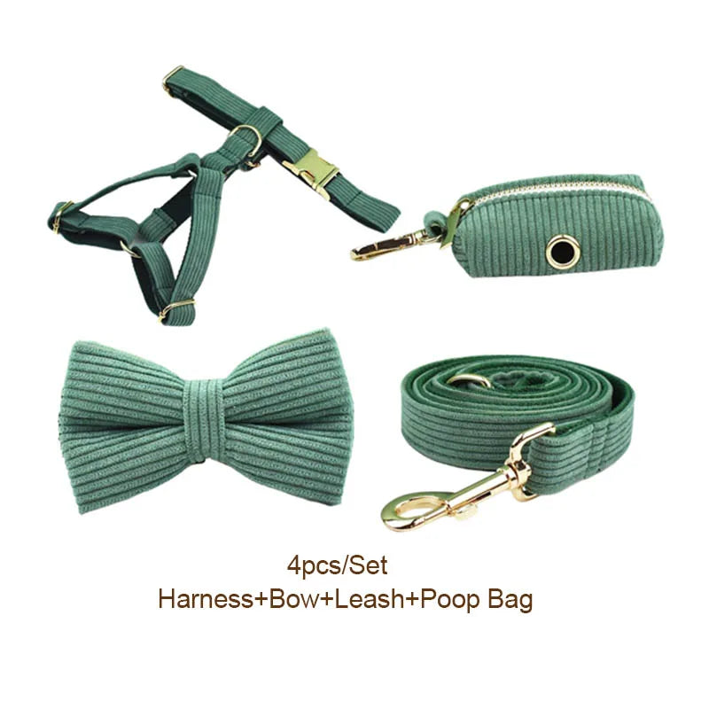 Dark Green Corduroy Personalized Dog Collar, Leash & Harness Set