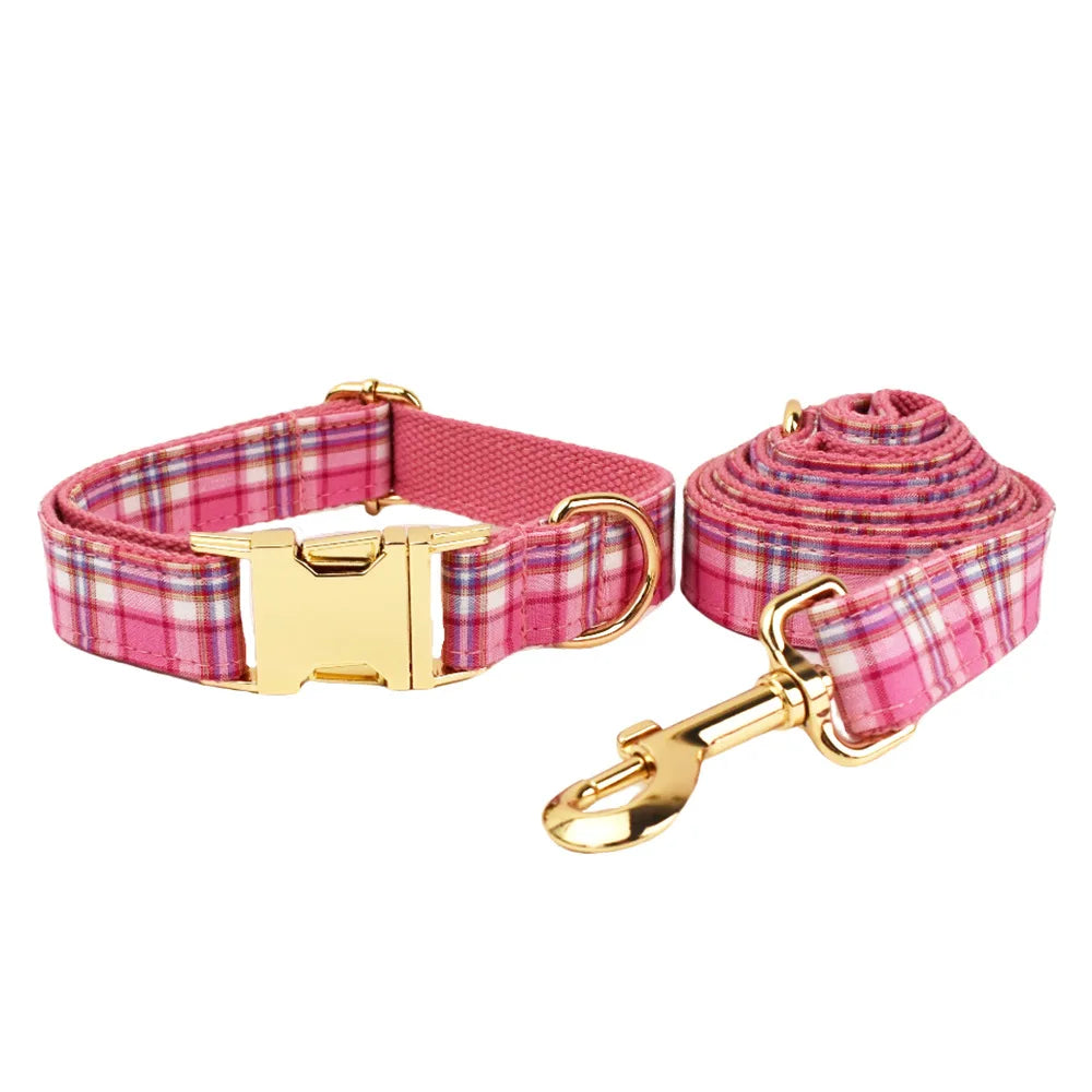 Multi Plaid Personalized Dog Bowtie Collar, Leash Set And Harness Set - Engravable Best Gift For Dog Lover