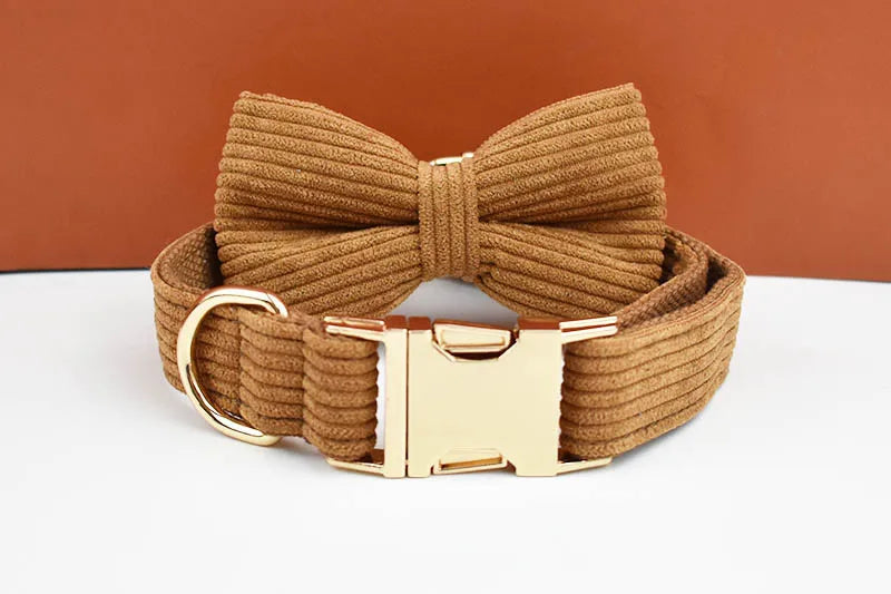 Caramel Corduroy Personalized Dog Collar, Leash & Harness Set