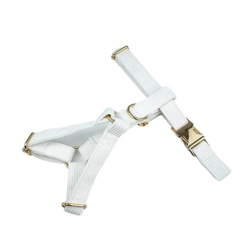 White Corduroy Personalized Dog Collar, Leash & Harness Set