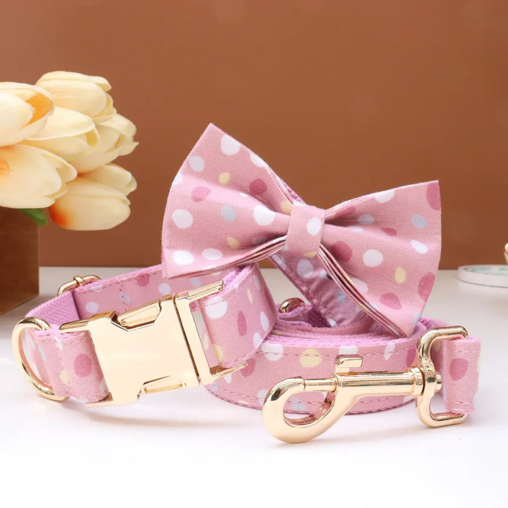 Personalized Print Floral Dog Collar Bowtie Leash Set