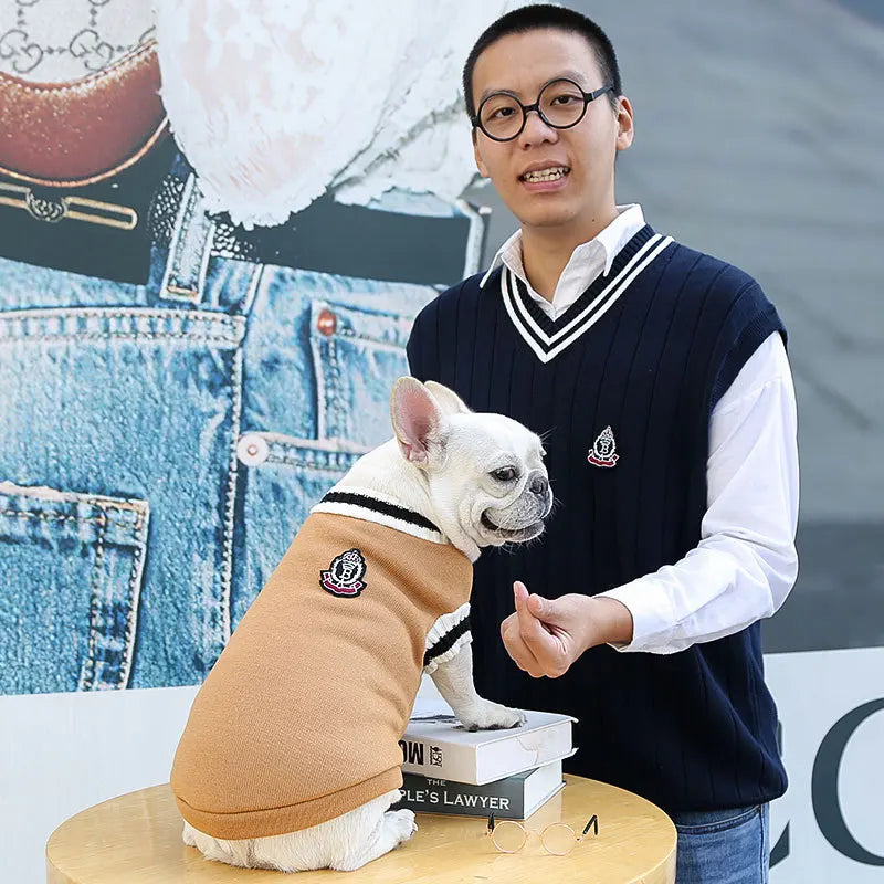Winter Knit Dog Sweater – College Style V-Neck Warm Pet Vest for Small Dogs
