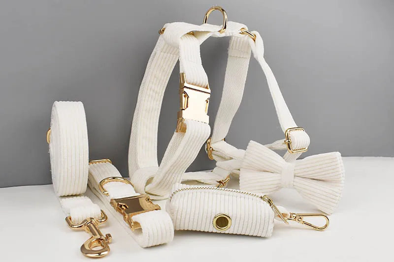 White Corduroy Personalized Dog Collar, Leash & Harness Set