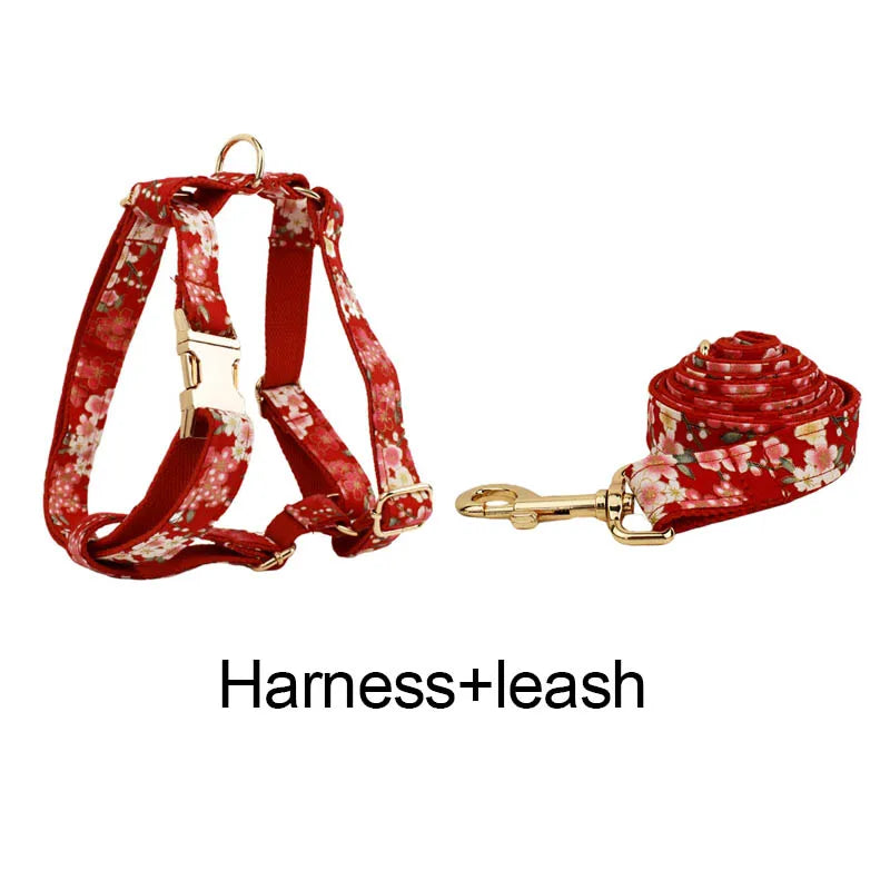 Customized Designer Red Soft Cotton Personalized Dog Collar Leashes Harness Bow Set Flowers