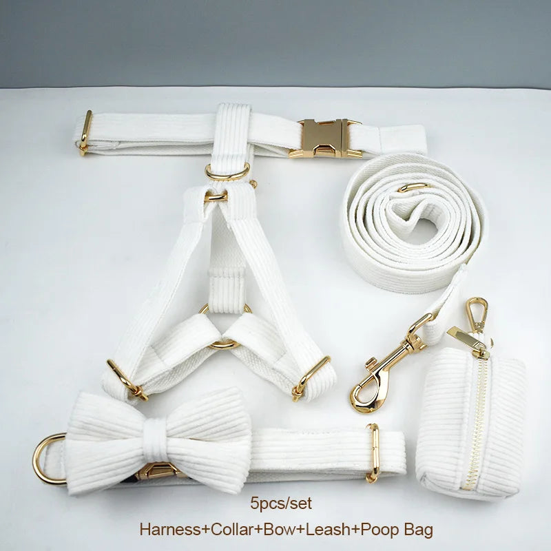 White Corduroy Personalized Dog Collar, Leash & Harness Set