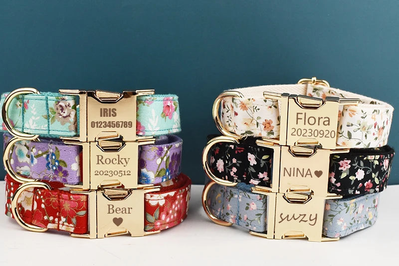 Personalized Dog Collar Leash Harness Set, Custom Name Printed Pet Accessories with Bow Tie, Luxury Tactical Dog Collar