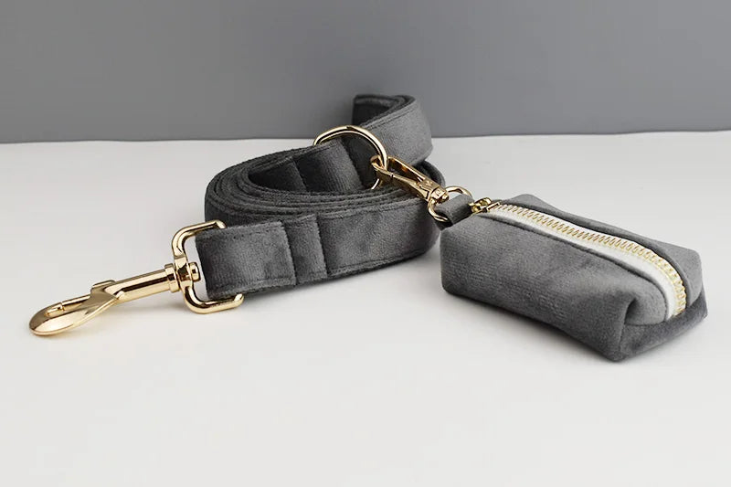 Dark Grey Velvet Personalized Dog Collar, Leash & Harness Set