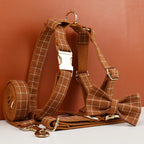 Brown Grid Personalized Dog Collar, Leash & Harness Set