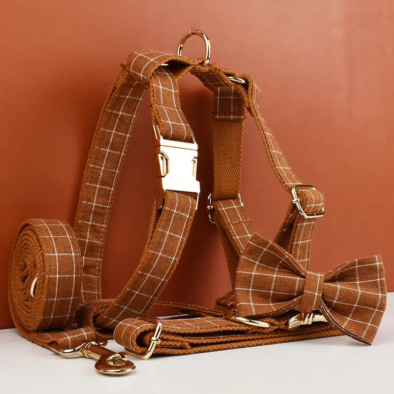 Brown Grid Personalized Dog Collar, Leash & Harness Set