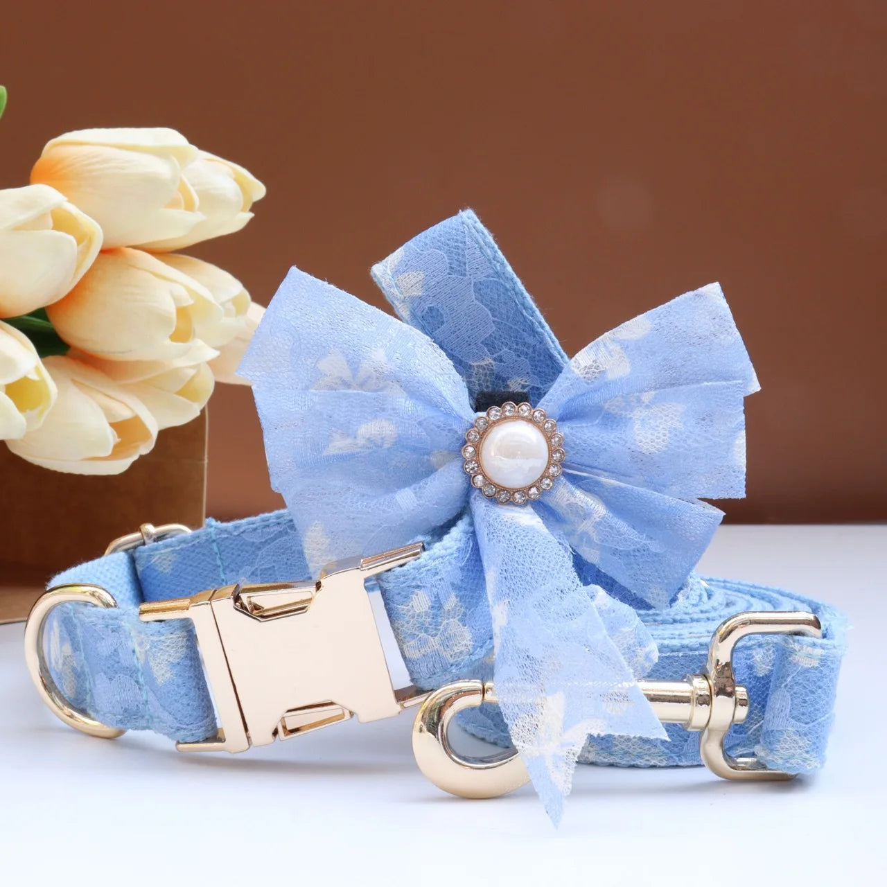 Luxury Pearl Personalized  Dog Collar and Leash Set, Lace Bowtie with Rhinestone Sparkle, Elegant Puppy Girl Pet Necklace