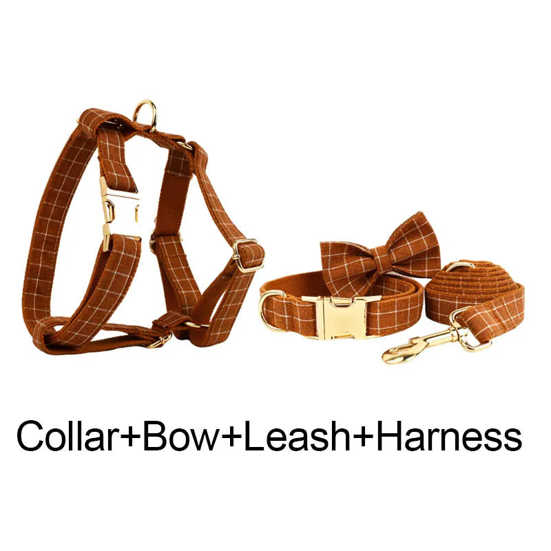 Brown Grid Personalized Dog Collar, Leash & Harness Set