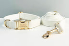 White Leather Personalized Dog Collar, Leash & Harness Set