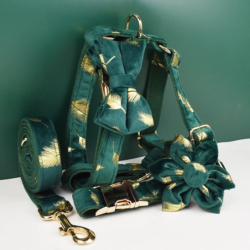 Green feather velvet  Personalized Dog Collar, Leash & Harness Set