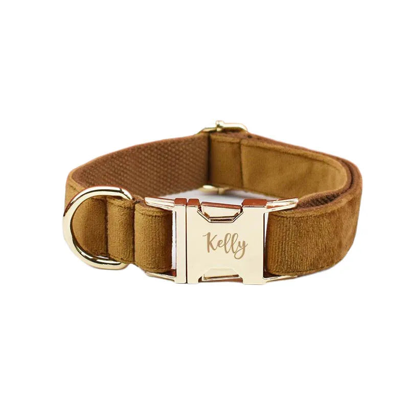 Light Coffee Color Velvet Personalized Dog Collar, Leash & Harness Set
