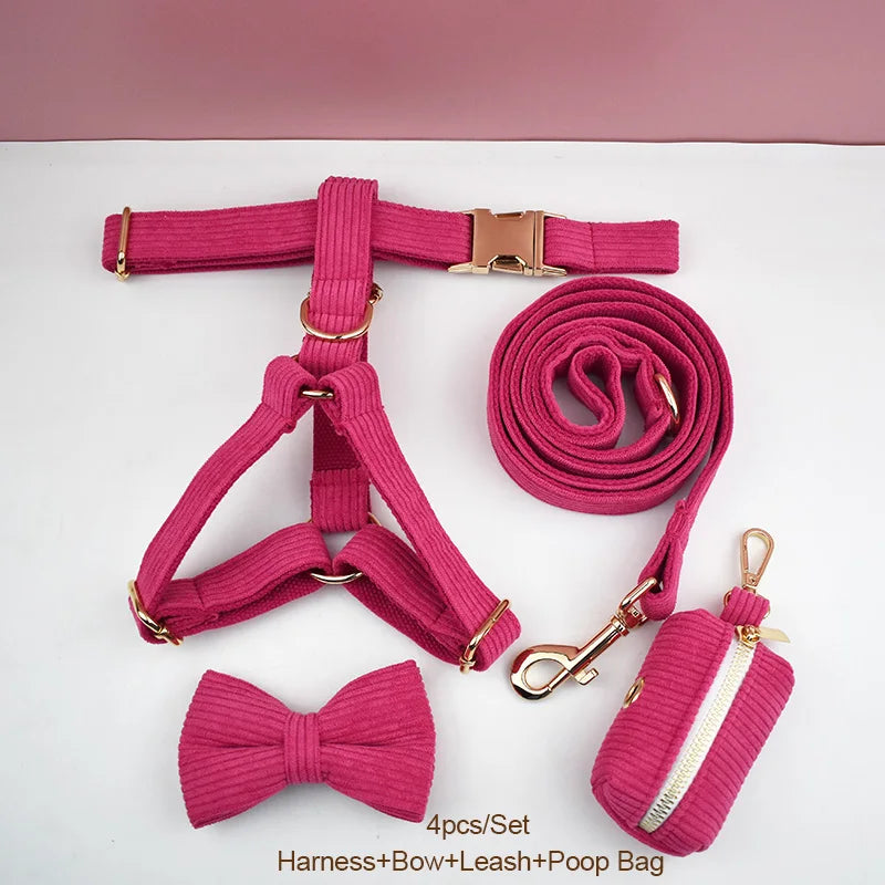 Mei Red Corduroy Personalized Dog Collar, Leash & Harness Set
