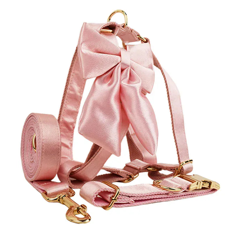 Satin Pink Wedding Dog Collar Leash Harness Set