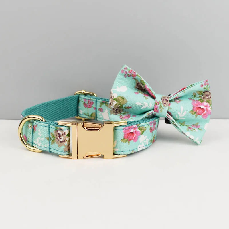 Personalized Dog Collar Leash Harness Set, Custom Name Printed Pet Accessories with Bow Tie, Luxury Tactical Dog Collar