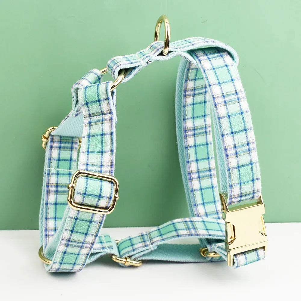 Lake Water Green Plaid Dog Collar Leash and Harness Set