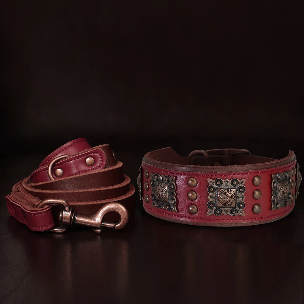 Real Leather Dog Collar & Leash Set – Durable Padded Luxury Design for Medium & Large Dogs
