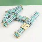 Lake Water Green Plaid Dog Collar Leash and Harness Set