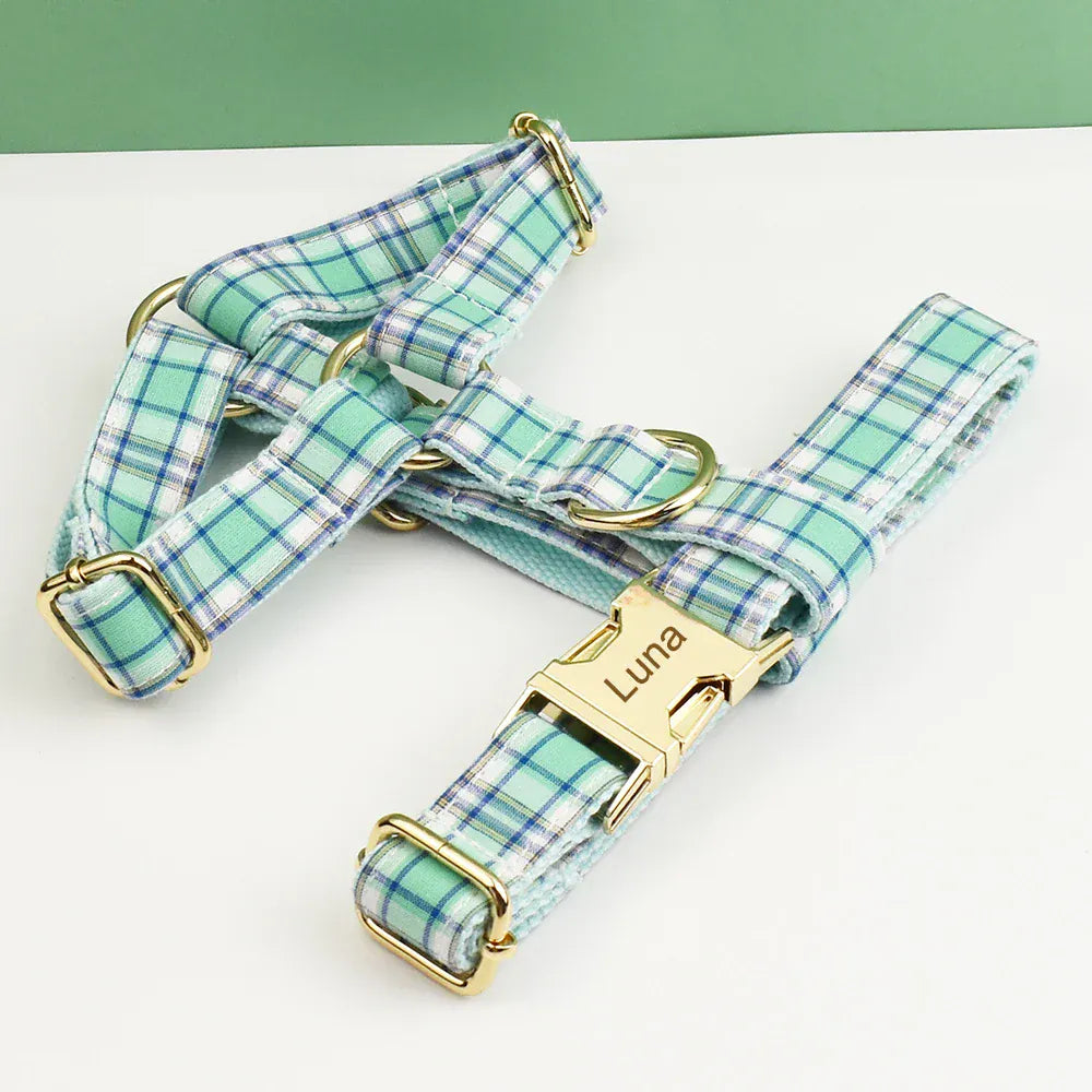 Lake Water Green Plaid Dog Collar Leash and Harness Set