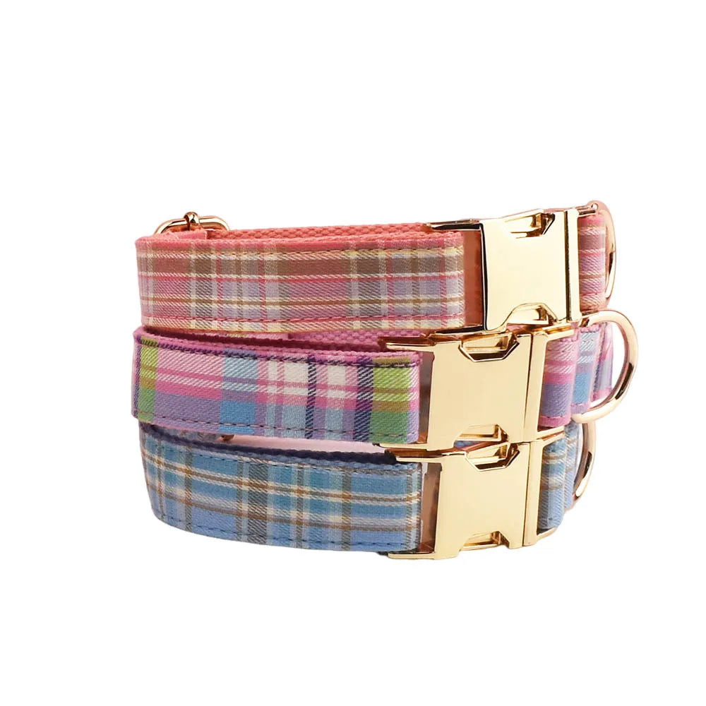 Multi Plaid Personalized Dog Bowtie Collar, Leash Set And Harness Set - Engravable Best Gift For Dog Lover