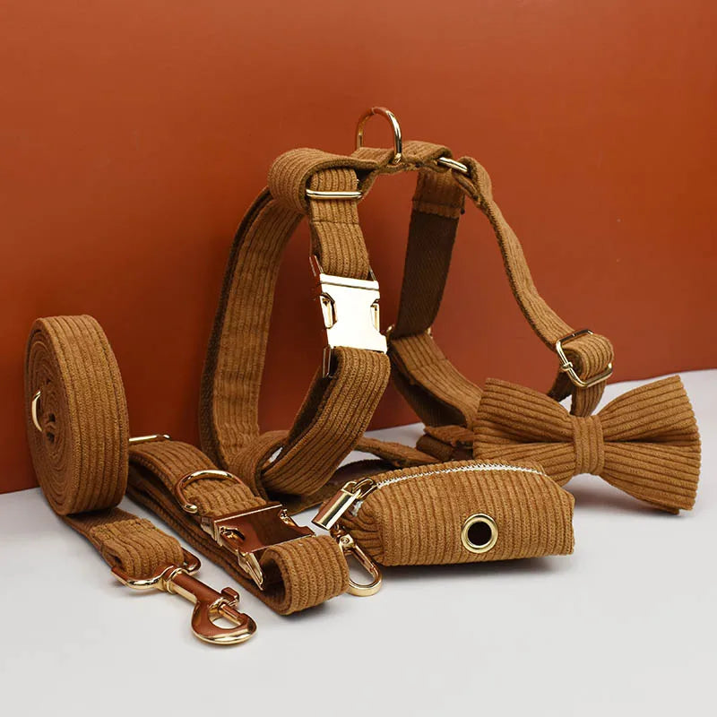 Caramel Corduroy Personalized Dog Collar, Leash & Harness Set