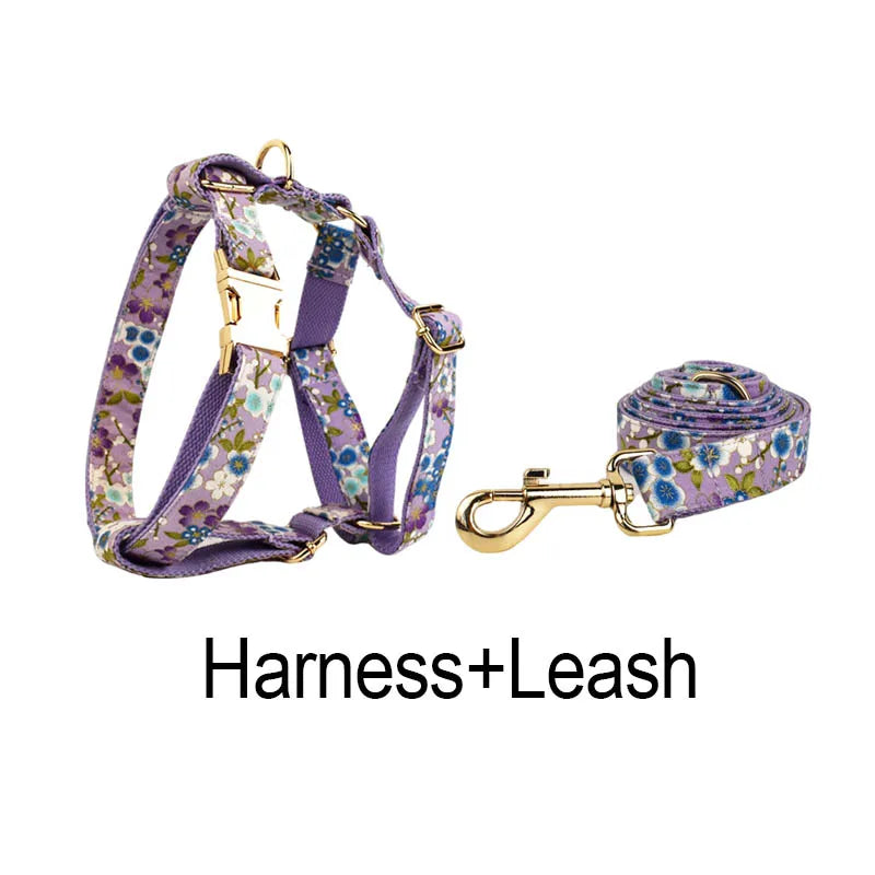 Purple Soft Cotton Personalized Dog Collar, Leash & Harness Set
