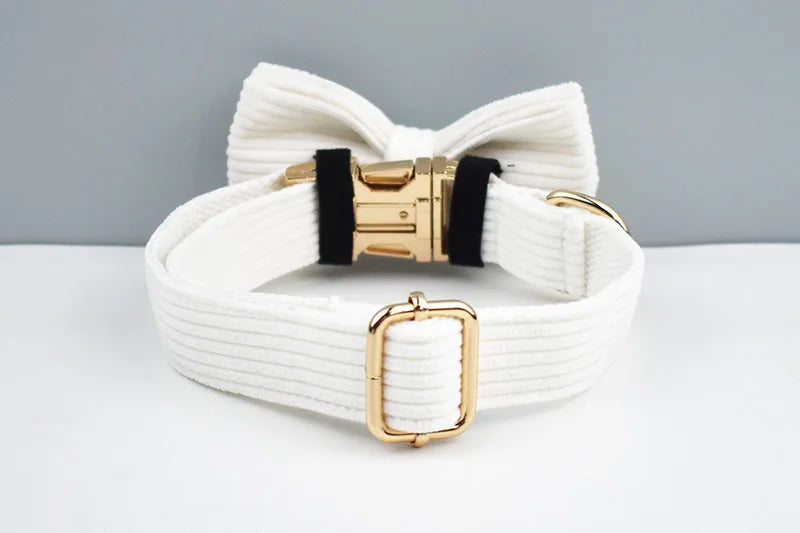 White Corduroy Personalized Dog Collar, Leash & Harness Set