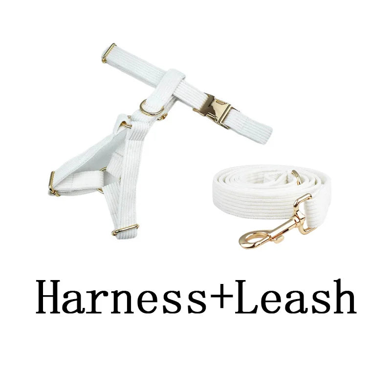 White Corduroy Personalized Dog Collar, Leash & Harness Set