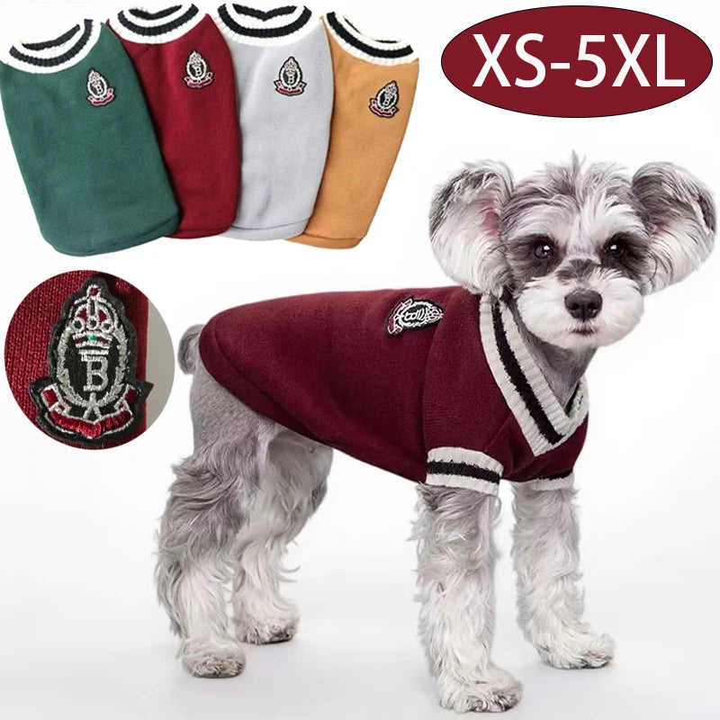 Winter Knit Dog Sweater – College Style V-Neck Warm Pet Vest for Small Dogs