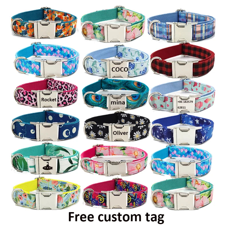 Multi Personalized Print Floral Cotton Adjustable Dog Collars -  Engravable