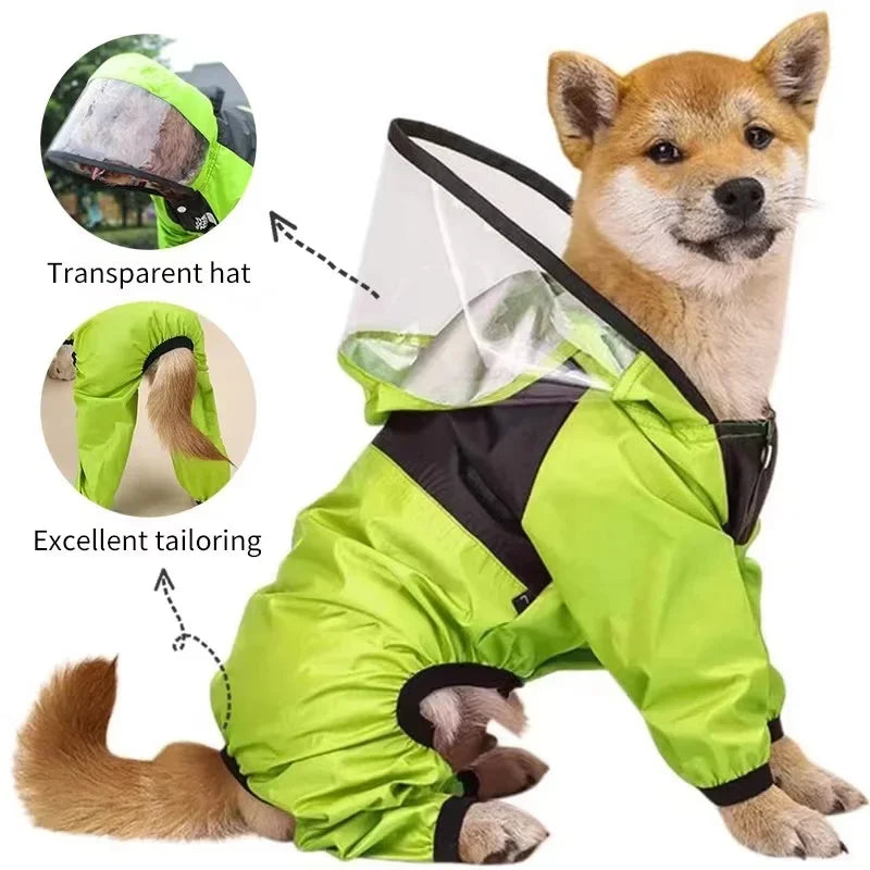 Transparent Hooded Dog Raincoat – Full-Body Waterproof Jumpsuit for All Breeds