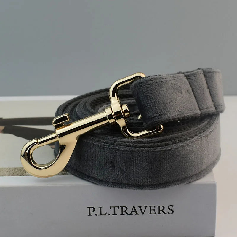 Dark Grey Velvet Personalized Dog Collar, Leash & Harness Set