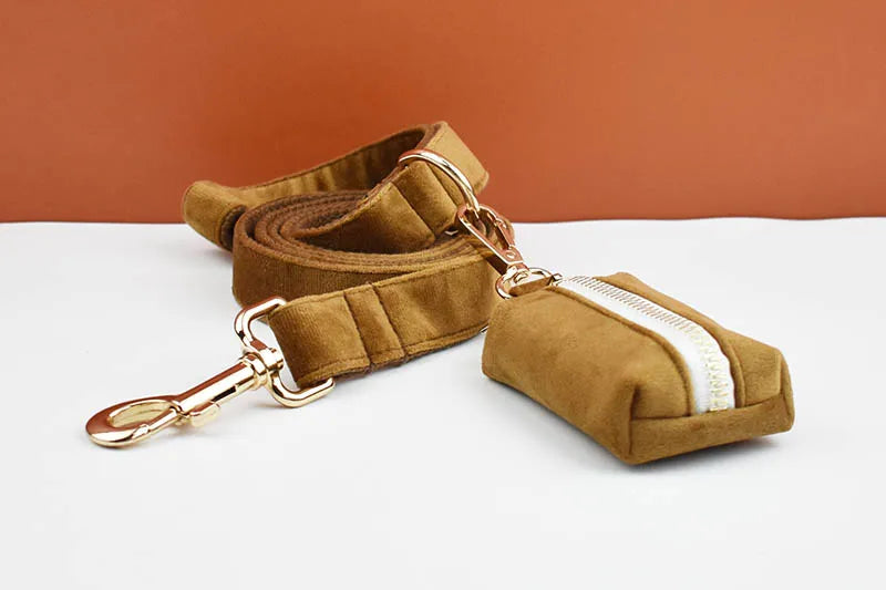 Light Coffee Color Velvet Personalized Dog Collar, Leash & Harness Set