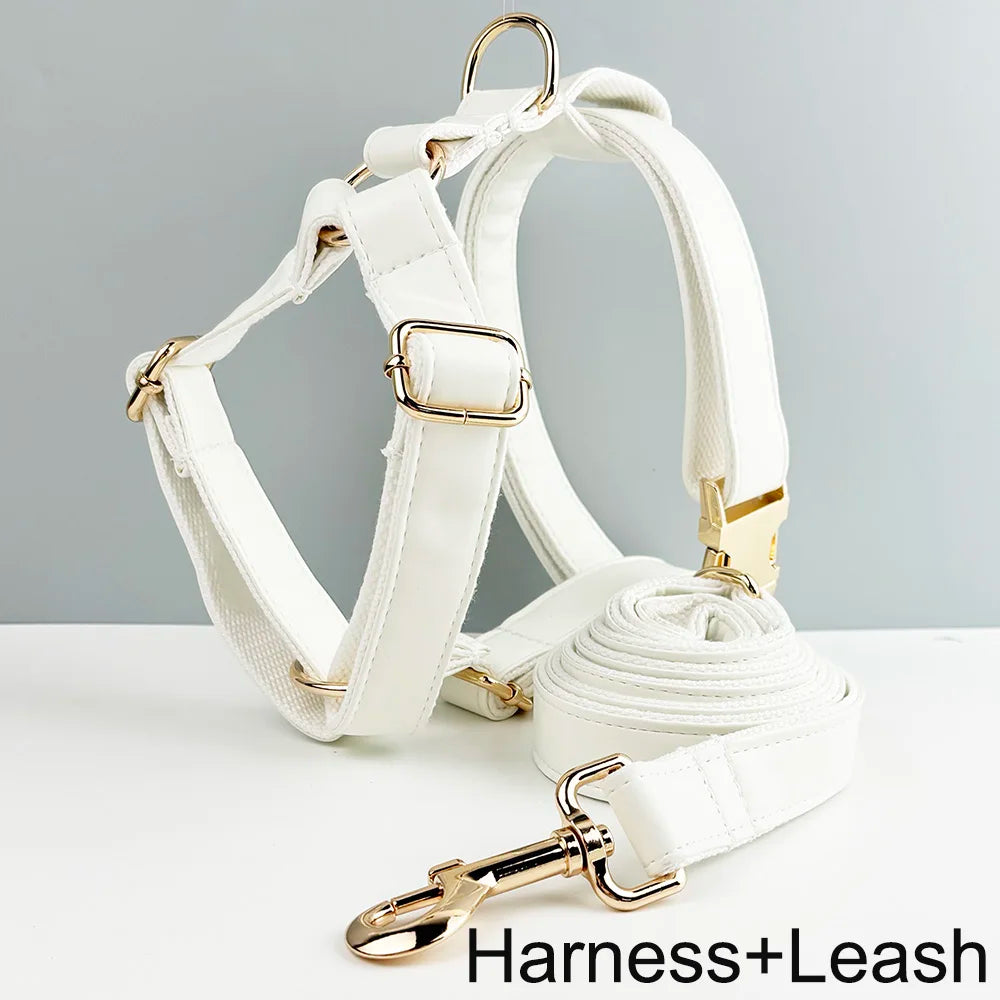 White Leather Personalized Dog Collar, Leash & Harness Set