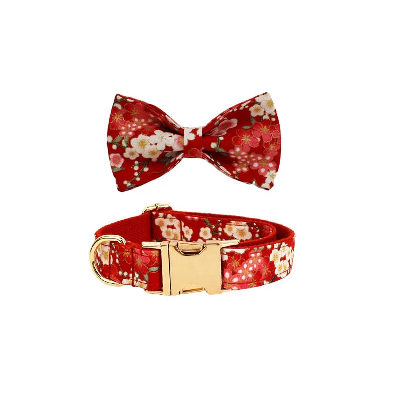 Customized Designer Red Soft Cotton Personalized Dog Collar Leashes Harness Bow Set Flowers