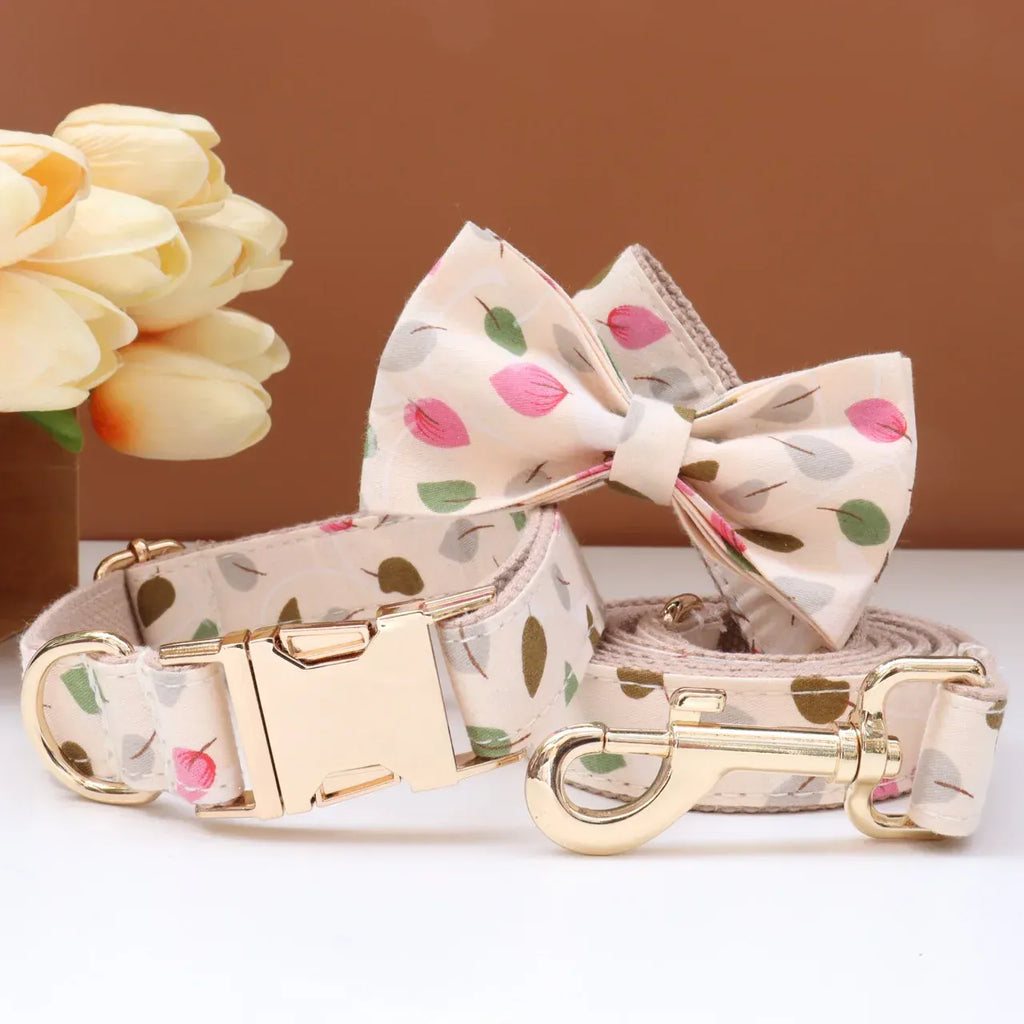 Personalized Print Floral Dog Collar Bowtie Leash Set