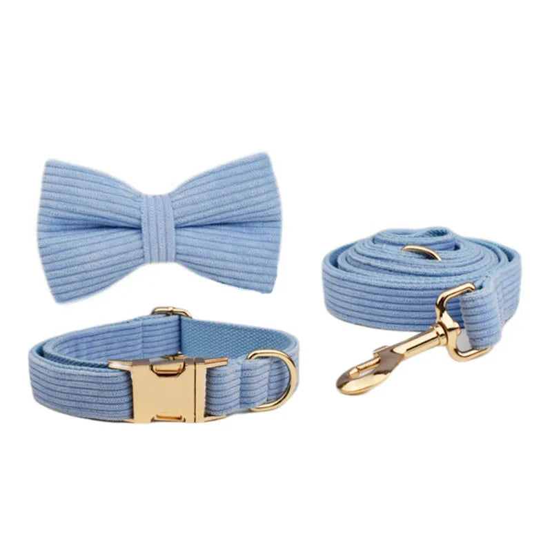 Blue Corduroy Personalized Dog Collar, Leash & Harness Set