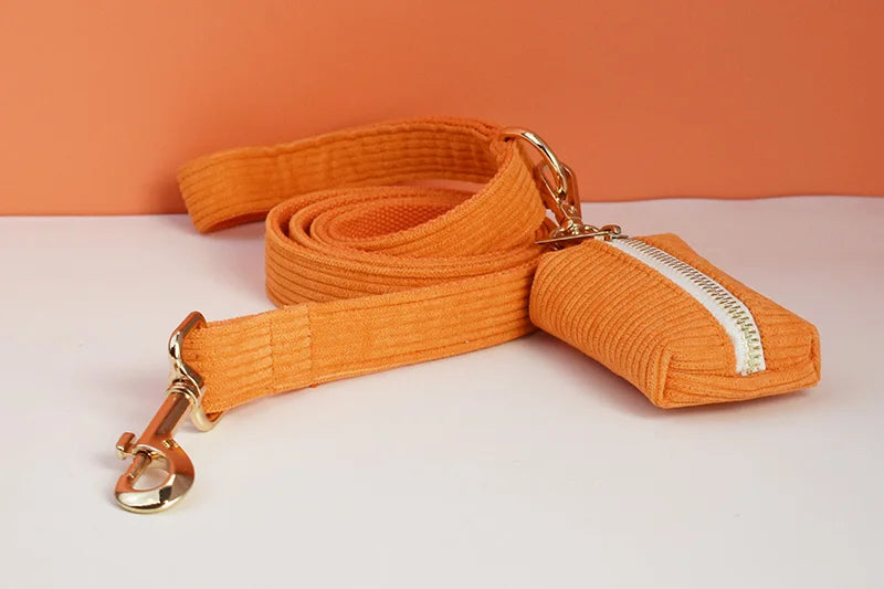 Orange Corduroy Personalized Dog Collar, Leash & Harness Set