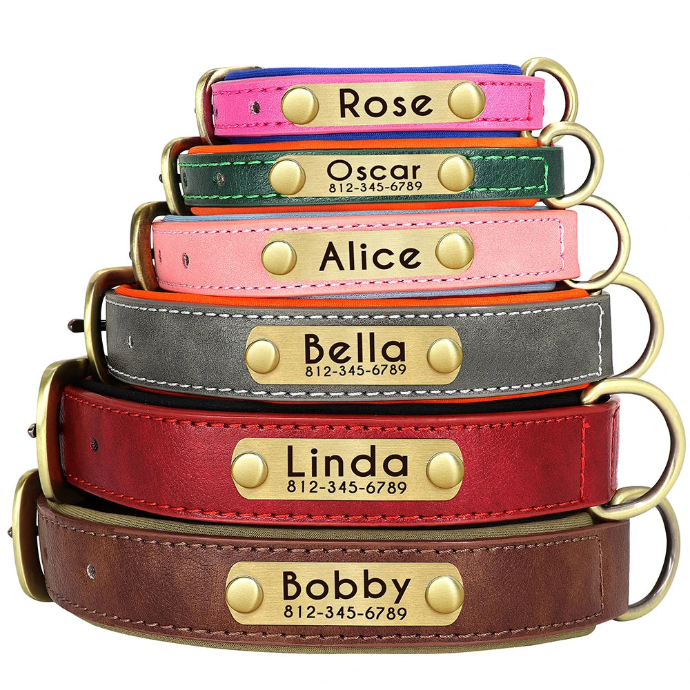 Personalized PU Leather Dog Collar – Soft Padded & Adjustable Custom ID Collar