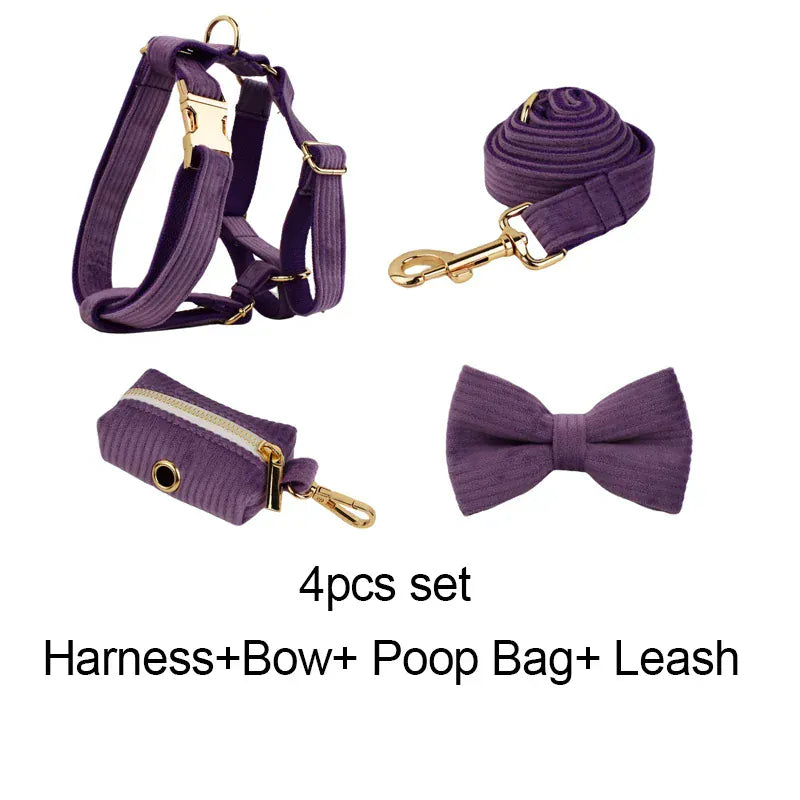 Purple Corduroy Dog Collar Leash and Harness Set