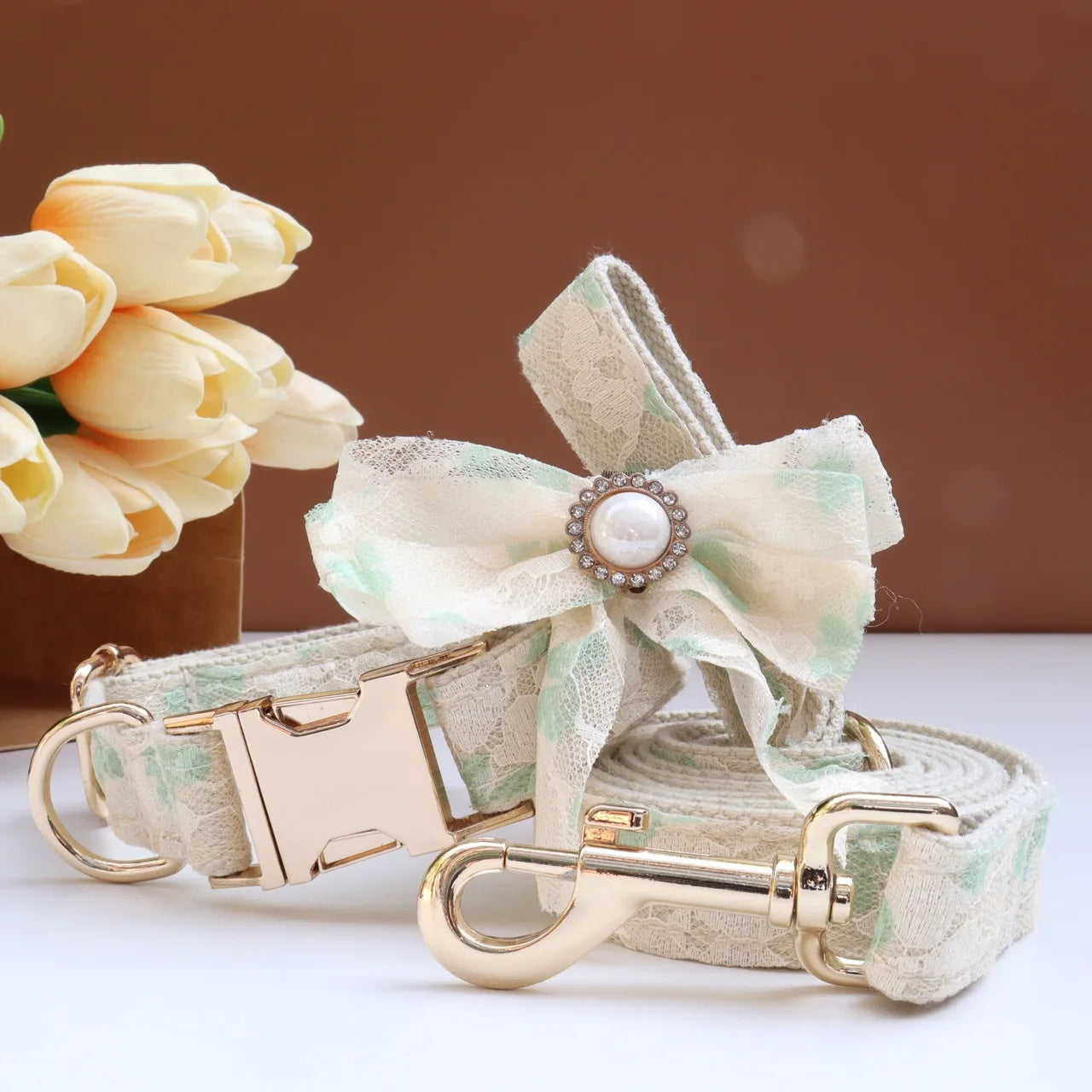 Luxury Pearl Personalized  Dog Collar and Leash Set, Lace Bowtie with Rhinestone Sparkle, Elegant Puppy Girl Pet Necklace