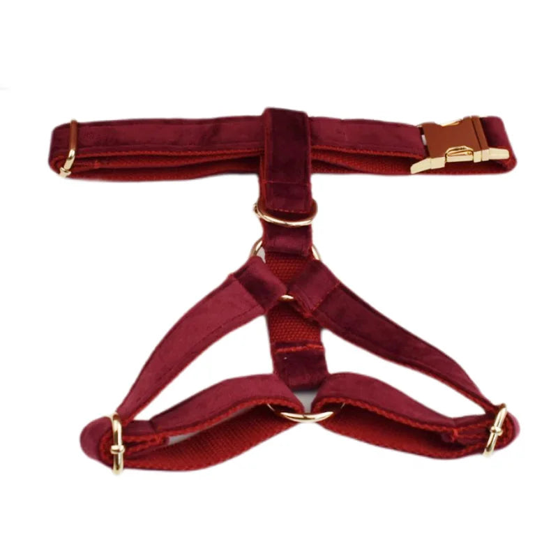 Red Wine Velvet Personalized Dog Collar, Leash & Harness Set