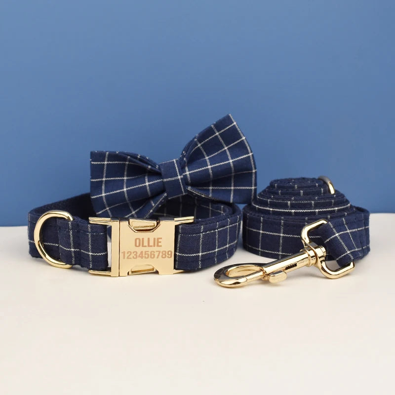 Grid Dark Blue Personalized Dog Collar, Leash & Harness Set
