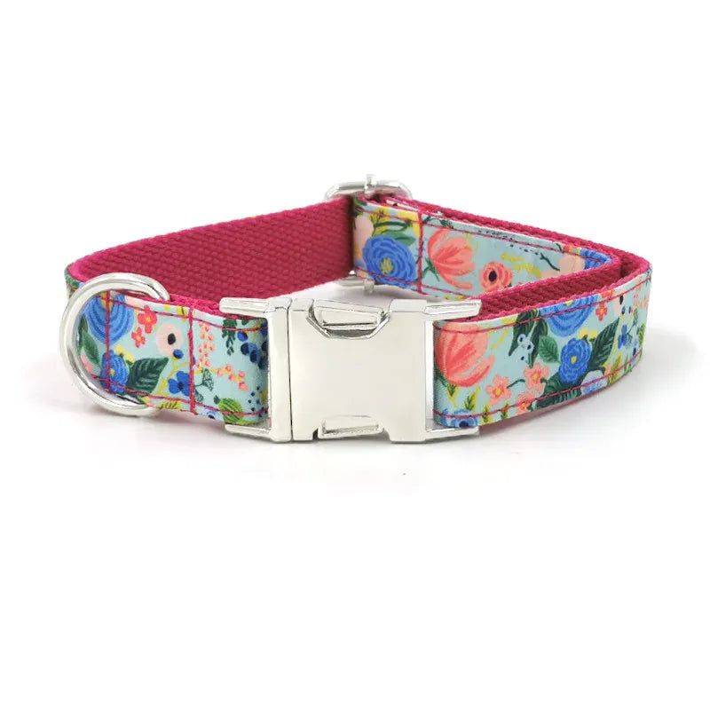 Multi Personalized Print Floral Cotton Adjustable Dog Collars -  Engravable
